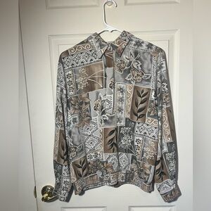 Vintage Grandma Blouse Alfred Dunner Long Sleeve sz 8 Tan Grey
